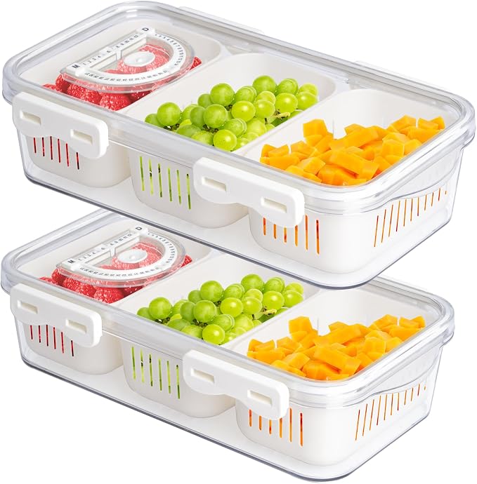 2Pack Divided Snackle Box Charcuterie Container Poratble Bacon Container for Refrigerator 3 Compartment Serving Veggie Tray with Lid Portable Travel Fruit Caddy for Cheese,Candy,Ham,Salad