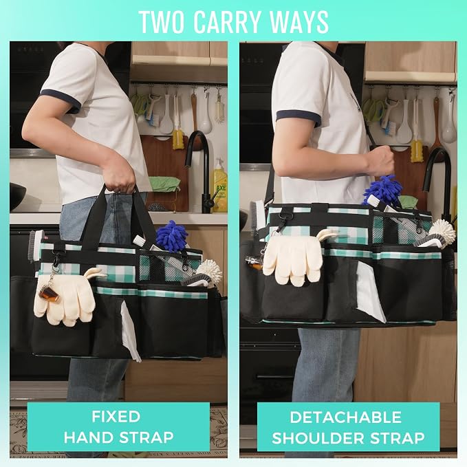 SCAVATA Wearable Cleaning Caddy, Cleaning Caddy Supplies Organizer with Handle & Shoulder Straps for Housekeepers, Under Sink & Car Cleaning Tool Organizers Bag with 4 Foldable Divider (BluePlaid)