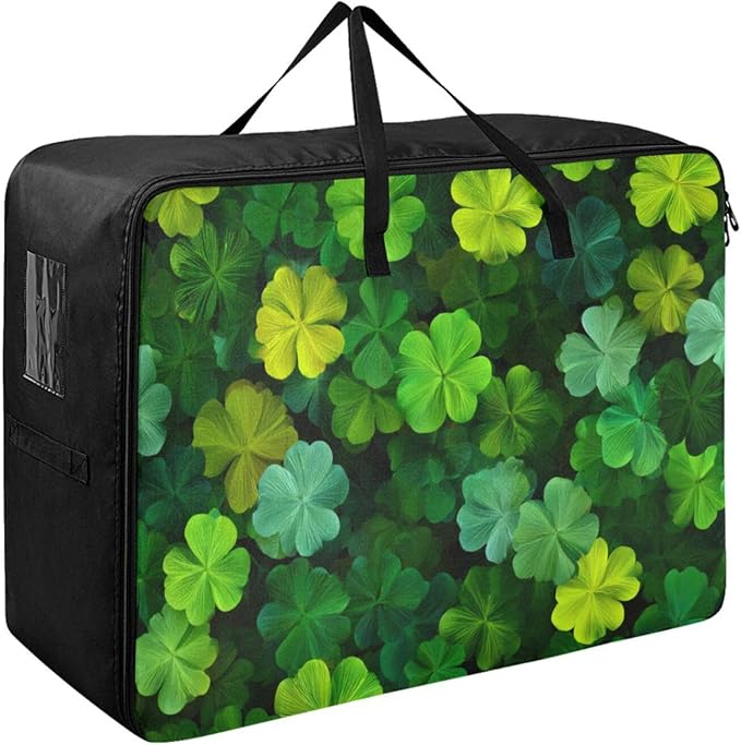 Comforter Storage Bags Large Folding Blanket Organizer Bag with Strong Handles Clear Window Closet Storage Containers for Clothes King Queen Pillows Bedding Quilt Duvet St Patrick Clovers Green