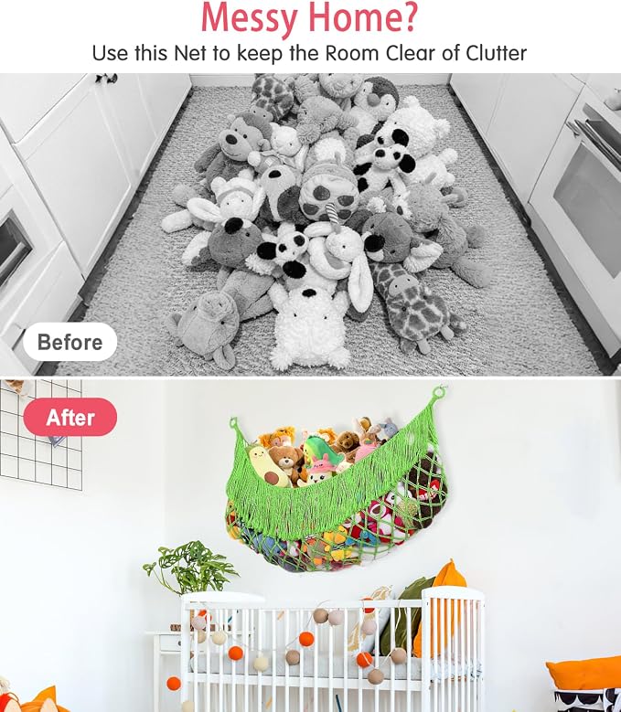 Stuffed Animal Hammock - Extra Large 63'' Long (Apple green) | Premium Cotton Hand-knitted, Beautiful Long Tassel, Storage Hanging Organizer, Can Fit Stuffed Animals 40 Piece or More