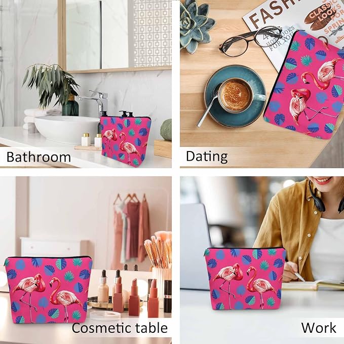 Flamingo Makeup Bag For Women, Adorable Cosmetic Pouch With Tropical Leaves Palms Pattern, Pink Zipper Travel Toiletry Organizer For Gym and Bathroom