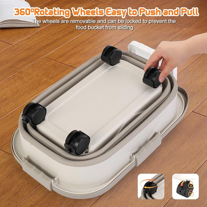 Beyoung 25-28lbs Airtight Dog Food Storage Containers with Wheels and Lids, Collapsible Pet Food Storage Bins with Handle, 50lb Rice Storage Bucket with Scoop, Dry Food Storage Bins (Khaki)