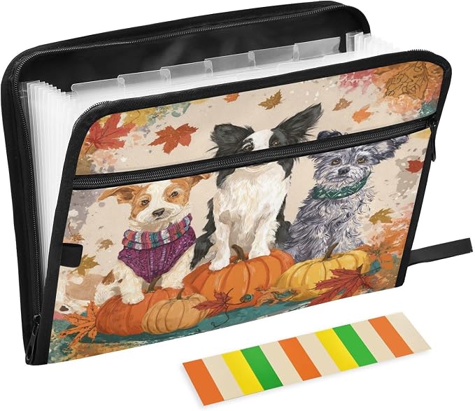 Autumn Pets and Pumpkins Expanding File Organizer with 13 Pockets Accordion File Folders with Labels,Portable Document Paper Bill Receipt Organizer,Home College School Office Supplies, Letter S