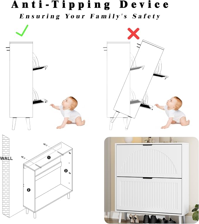 Shoe Storage Cabinet with 2 Flip Drawers, Narrow Wood Shoe Organizer Cabinet with Fluted Panel, Slim Shoe Rack for Entryway, Freestanding Shoe Cabinet for Living Room, Hallway, White