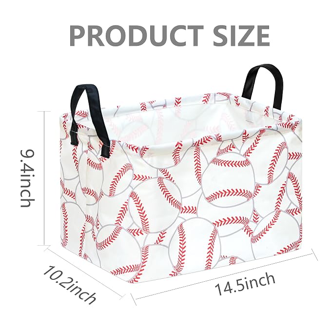 Baseball Storage Basket for Boys Room, Foldable Toy Organizer Bin | Baseball-Themed Storage Basket with Waterproof Lining, Leather Handles and Foldable Design for Kids’ Rooms