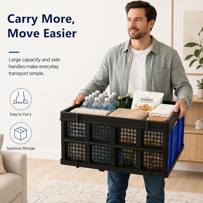 49L Collapsible Storage Crates, Stackable, Blue, 2 Pack | Heavy-duty foldable utility bins for trunks, garages, groceries, camping and moving; fold flat to 2.6 in.