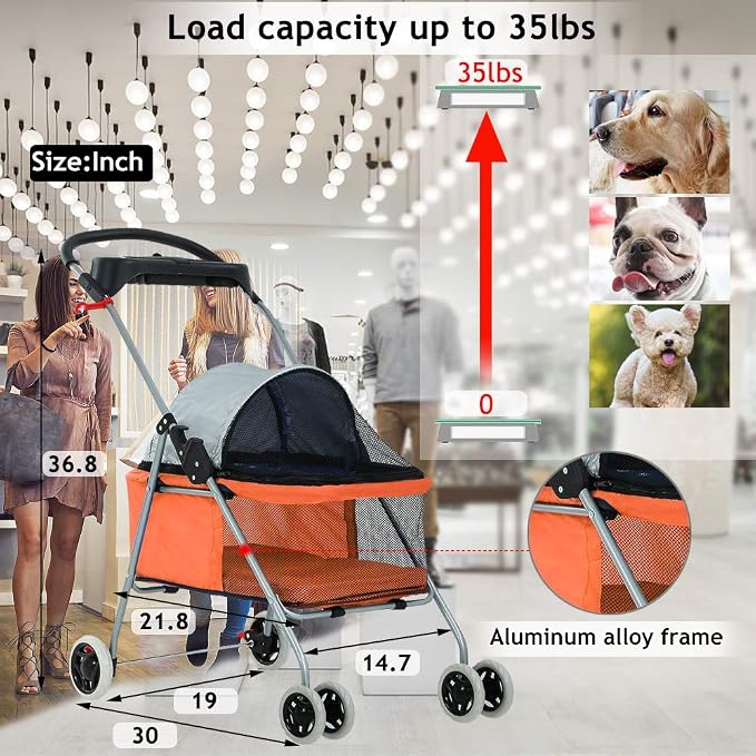 4 Wheels Pet Stroller Cat Dog Cage Stroller Protable Travel Folding Carrier Cart Waterproof Buggy Doggie Dog Stroller Jogger with Cup Holders for Small-Medium Dogs, Cat Orange