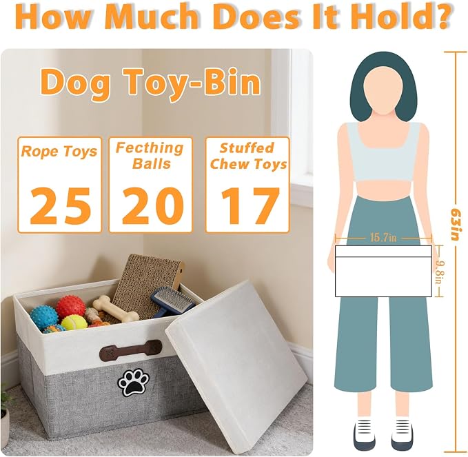 Dog Toy Basket with Lid, Fabric Dog Toy Box with Handle, Collapsible Dogs Cat Toys Storage Bins,Pet Storage and Orgnizer-White/Gray