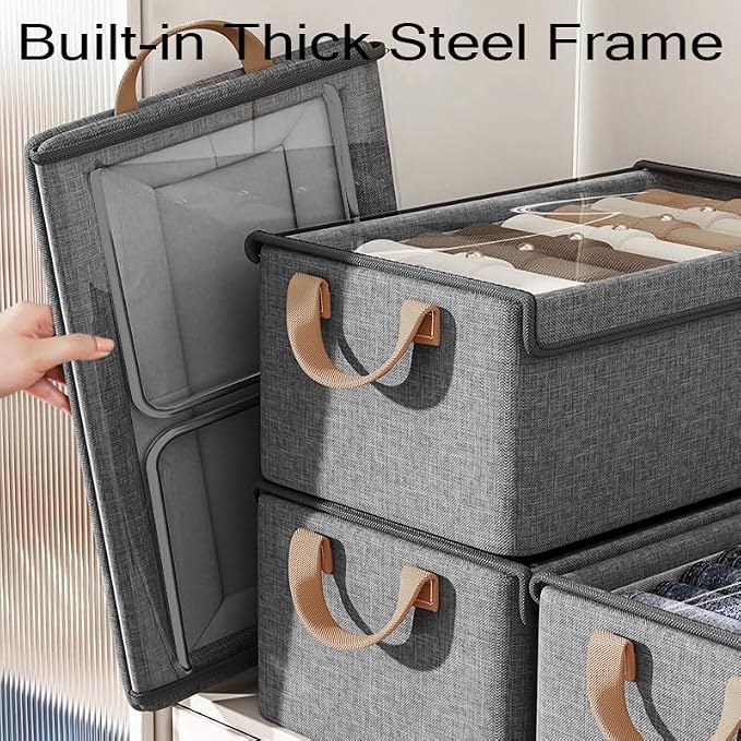 AARAINBOW Closet Clothes Organizer Bins 6 Pc, Fabric Box Storage Shelf Bins Stackable, Foldable Closet Shelf Storage Container with Lid, Fabric Storage Bin with Steel Frame, 23L (6 Gray with Lid)