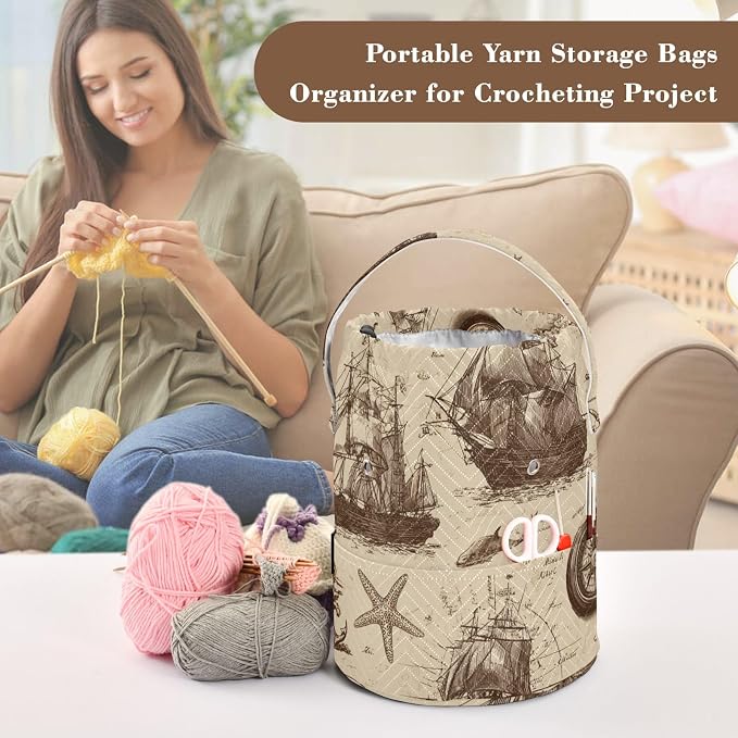 Tatenale Crochet Bag Yarn Bag Knitting Project Bag with Pockets and Handle Portable Yarn Storage Organizer Tangle Free 8.3x11 InchVintage Brown Sailing Ships Starfish Anchor31