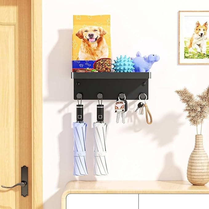 YWHWXB No Drill Dog Leash Holder Wall Mount, Pet Hooks & Shelf (Black) | Heavy-duty metal structure All-in-one entryway organizer Multi-scenario use Hassle-free setup & care