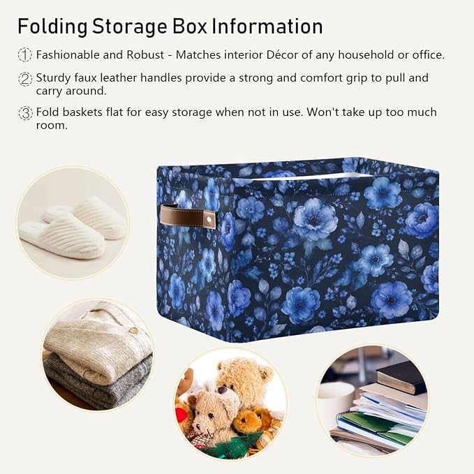 Kigai Storage Basket, Fabric Collapsible Closet Organizer Bin | Blue Flowers Waterproof Foldable Canvas Basket with Handles for Shelves, Nursery, Closet, Bedroom & Bathroom