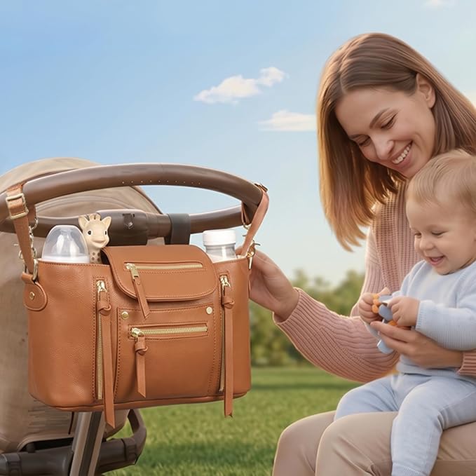 miss fong Universal Stroller Organizer with Insulated Cup Holder Stroller Caddy Baby Storage Bag with Adjustable Strap, Fits for Baby Carriage like Uppababy, Baby Jogger, Britax, Umbrella-Brown