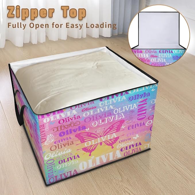 Personalized Name Large Storage Basket with Lid, Canvas Butterfly Storage Bins Quilt Clothes Organizer for Bedroom, Kitchen, Bathroom, Nursery, Shelves, Closets, Watercolor Painted Rainbow Colorful