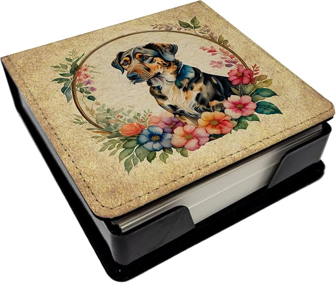 Caroline's Treasures Catahoula Leopard Dog and Flowers PU Leather Note Paper Holder with Artist-Designed Cover, Desk Accessory, Office Gift