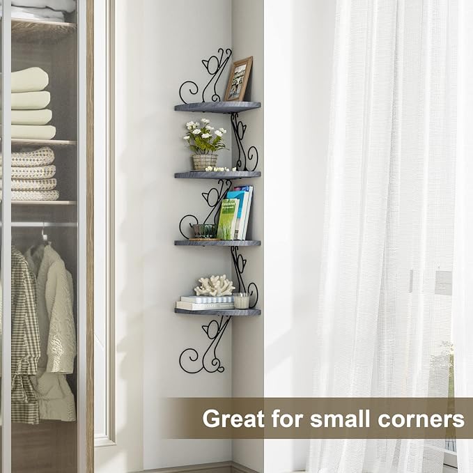 Alsonerbay 4-Tier Cat Shaped Corner Floating Shelf Wall Mount, Grey | Curved solid wood, 35.2 lbs total capacity, reinforced metal bracket, rustic decor, for bedroom, living room & kitchen
