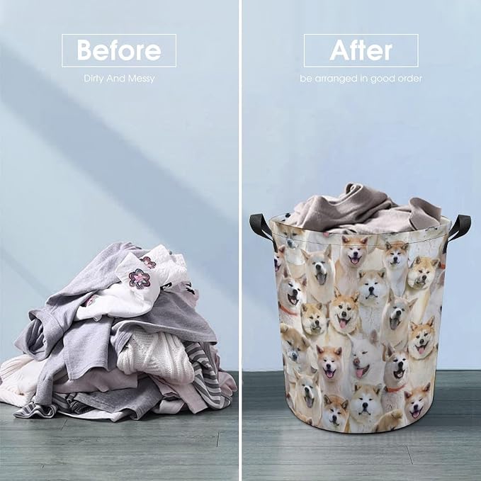 Funny Akita Face Print Laundry Basket, Cute Pet Dog Laundry Hamper, Dirty Clothes Basket for Akita Lover, Waterproof Laundry Baskets for Bedroom Bathroom, Gifts for Akita Mom Dog Owner