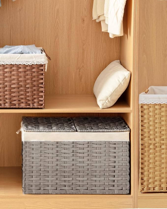 SETVSON Storage Basket with Lid Wicker Baskets for Storage, 160L Gray | Dual Lid Jumbo Blanket Storage Trunk, Divided Clothes Organizer, 2 Washable Liner Bags, Collapsible PE Rattan Bin