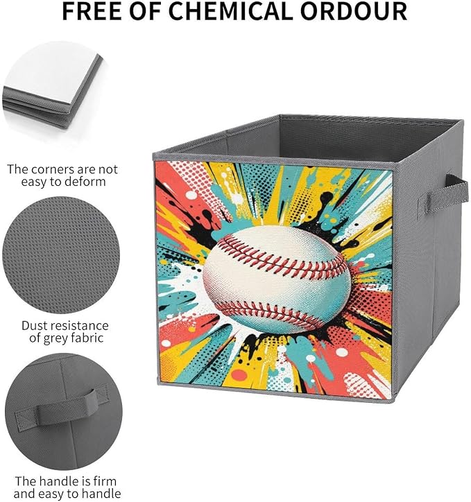 Baseball Pop Art Design Storage Bin with Handles, Oxford Fabric Foldable Storage Cube Organizer for Clothes, Towels, Bedroom, Living Room, Home Organization