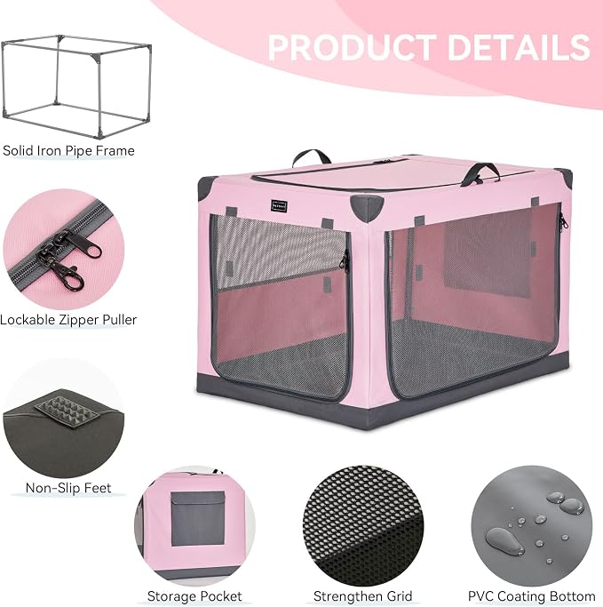 PETSFIT 26" Soft Portable Dog Crate – Patented Spiral Sturdy Frame, Collapsible Travel Kennel for Small Dogs, 3 Mesh Door, Lockable Zippers, Indoor & Car Use Pink