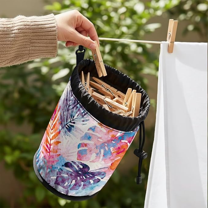 Tropical Leaf Clothespin Bag Holder Outside, Hanging Clothes Pin Bag with Drawstring Closure, Large-Capacity Clothespin Storage Organizer with Hooks