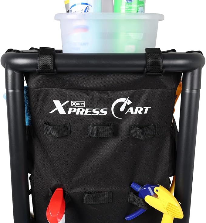Rolling Janitorial Cart with Steel Frame, Organizer, Black Bag, Matte Black | Multipurpose rolling janitorial cart w/ steel frame, organizer storage, & black bag for cleaning, laundry, garage, & home use