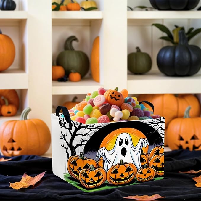 Large Halloween Basket Gift Cute Ghost Pumpkin Parties Decor Kid Trick or Treat Basket for Boys and Girls Rectangular Storage Bin Box (Great Ghost)