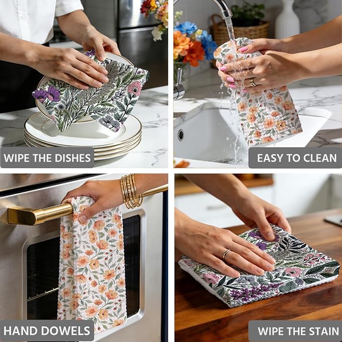 2PCS Vintage Boho Floral Kitchen Towels 14x24 Inch, Absorbent Microfiber Decorative Dish Cloth Tea Towel, Retro Colorful Flower Dish Tea Towels Drying Cloth for Kitchen, Housewarming Gifts for Women02