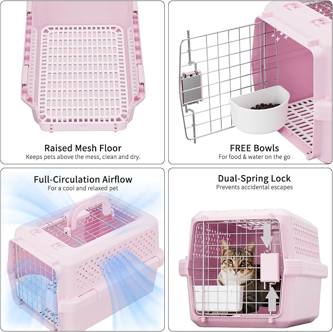 XS Hard Pet Carrier: Travel Crate for Small Cats & Dogs 10 lbs | Secure Locking Wire Door / Compact 16.9" x 12" x 11.8" / Multi-Side Ventilation / Lightweight Shell / Includes Food Bowl