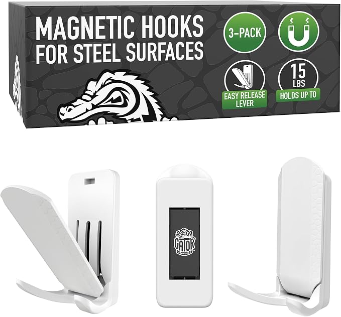 GATOR MAGNETICS Dual MINI Hooks, 15 lb Magnetic Hooks, White – 3 Pack | For coats, bags, towels, hats & leashes. Fridges, offices, classrooms, cruise cabins & lockers.