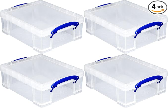 Really Useful Box 4 Pack Storage Bins, Clear Plastic Stackable Organizing Totes, 8.1 Liter