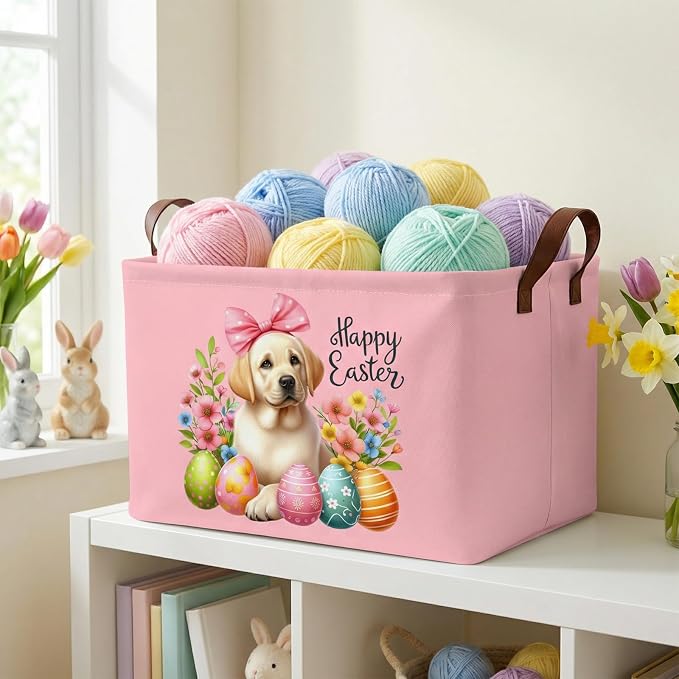 Large Cute Easter Basket for Kid Empty Gift Baby Rectangle Storage Bin Bunny Eggs Boy＆Girl Room Décor (Pink Dog)