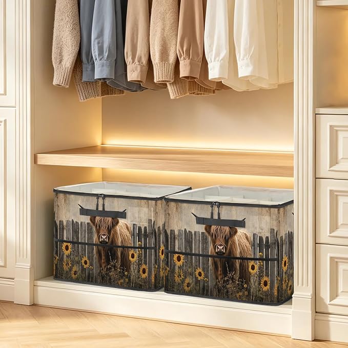 TropicalLife Brown Highland Cow Shoe Organizer for Closet | Farmhouse Country Foldable Shoe Storage Organizer Box Bin with Adjustable Dividers & Clear Cover, Fits up to 16-32 Pairs