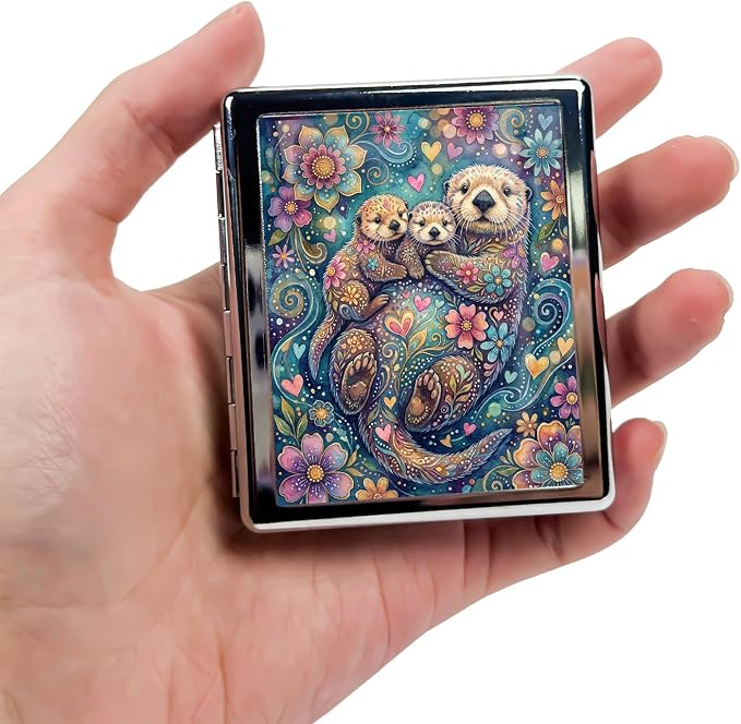 Weekly Pill Organizer, Metal Pill Box with 8 Compartments, Small Travel Pill Case for Purse Pocket, Medicine Vitamin Supplement Organizer (Otter Family)