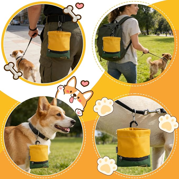LIOPARD Portable Dog Treat Pouch, Hands-Free Pet Training Snack Bag with Carabiner, Auto-Closing Nylon Fabric Dog Walking Bag for Outdoor Use & Puppy Travel (Blue)