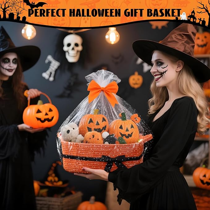 CHICVITA Small Storage Basket for Gifts, 13"x 10"x 5" Cute Woven Rope Gift Basket for Halloween, Baby Nursery Storage Baskets with Handles for Towels, Toys, Orange
