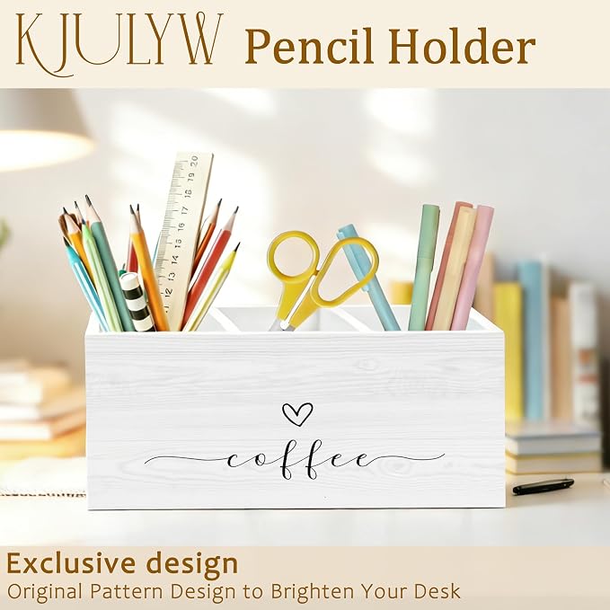 Coffee Pen Holder for Desk, Coffee Lover Gifts, Barista Gifts Wooden Box Pencil Pen Holder Organizer for Home Office Cafe Shop Desk Accessories