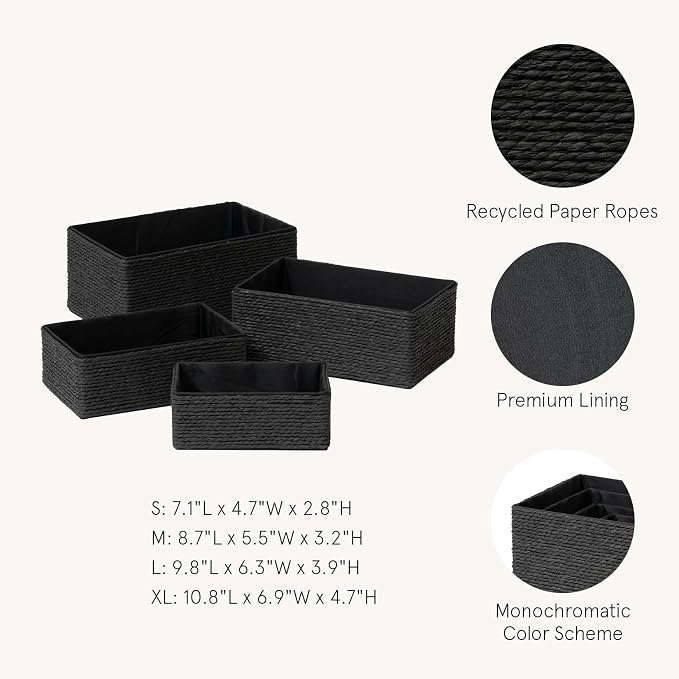LA JOLIE MUSE Bathroom Basket Organizers, Paper Rope Storage, Black 4 Pack