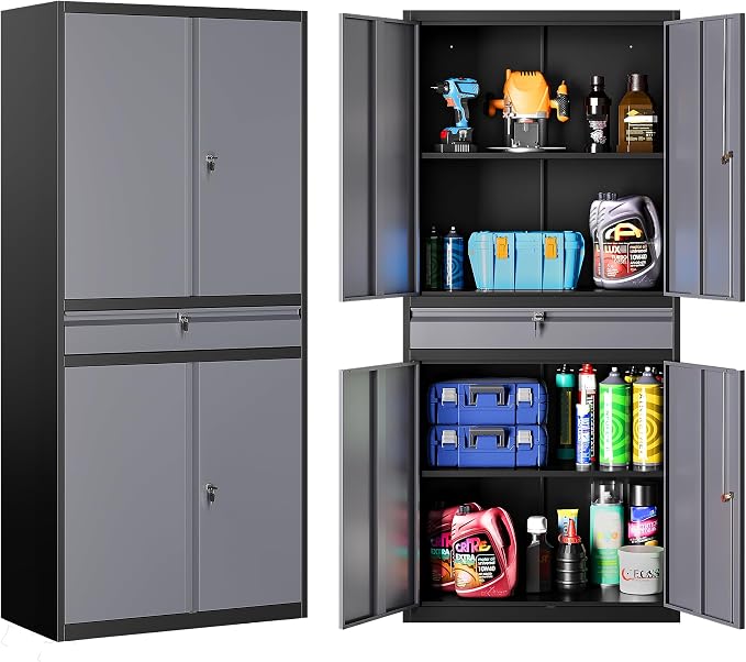Metal Storage Cabinet with Doors and Shelves,Garage Storage Cabinets with Lock and Drawer,Metal Cabinet with Locking Doors,4 Door Steel Cabinet,71" Tall Lockable Cabinets for Garage,Home,Office
