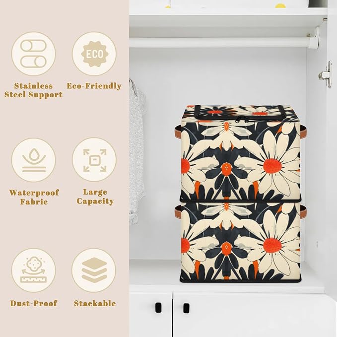 Orange Flowers Storage Bins With Zipper Lid, Collapsible Trunk Organizer, Car Organizers and Storage Bins with Lids, Decorative Storage Boxes with Handle, Home Storage Baskets for Organizing