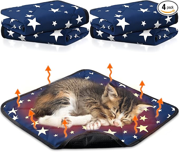 4 Pack Self Warming Cat Bed Self Heating Cat Mat Star Pattern Soft Dog Crate Pad Thermal Pet Mat Anti Slip Kennel Dog Washable Warming Bed for Outdoor Indoor (12 x 12 Inch,Blue)