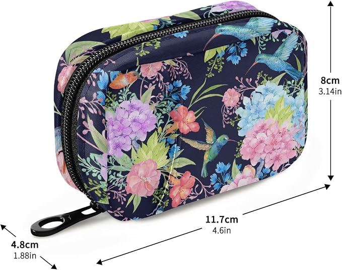 Hummingbird Floral Pill Case, Weekly Portable Pill Bag Container 7 Days Pill Box Organizer Vitamin Supplement Holder with Zipper for Travel Family Business