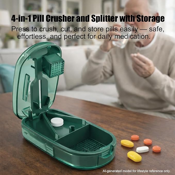 Pill Cutter and Crusher, Tablet Splitter with Pill Storage,Green
