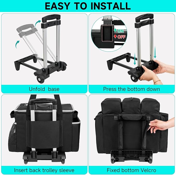 Cleaning Cadddy Bag with Rolling Cart, Lareg Cleaning Bag with Wheels | Cleaning Supplies Organizer with Detachable Trolley for Housekeepers, Housekeeping Cleaning Cart with Shoulder Strap & Handle