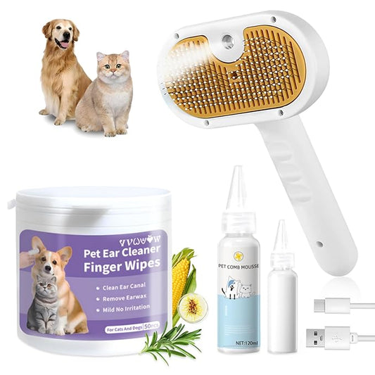 Pet Steam Brush for Dog & Cat – 3-in-1 Spray Hair Removal Comb for Shedding & Grooming, Softens Fur & Reduces Static – Water Brush for Long & Short Coats, Bath-Hating Pets, Includes Waterless Shampoo