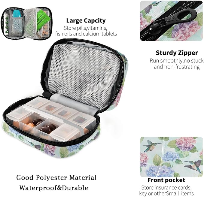 Fustylead Cute Hummingbirds and Hydrangea Floral Pill Organizer for Purse, Weekly Portable Pill Box with Zipper to Storage Vitamins Fish Oils Medications Supplements