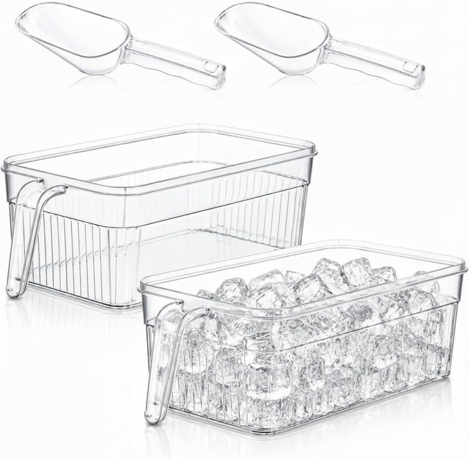 Havawish Ice Storage Bin and Flexible Scoop Set Plastic Freezer Bin | Freezer Ice Bin Scoop, Clear Bucket Container, Pull Handle, Flexible Storage, 12.6 X 6.3 X 4.33 in