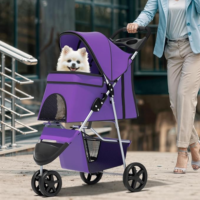Magshion 3-Wheel Pet Stroller for Small/Medium Dogs & Cats, Up to 33lbs | Foldable Travel Jogger w/ Breathable Mesh Cover, Lightweight Design, Safety Tethers, Cup Holder & Storage Basket