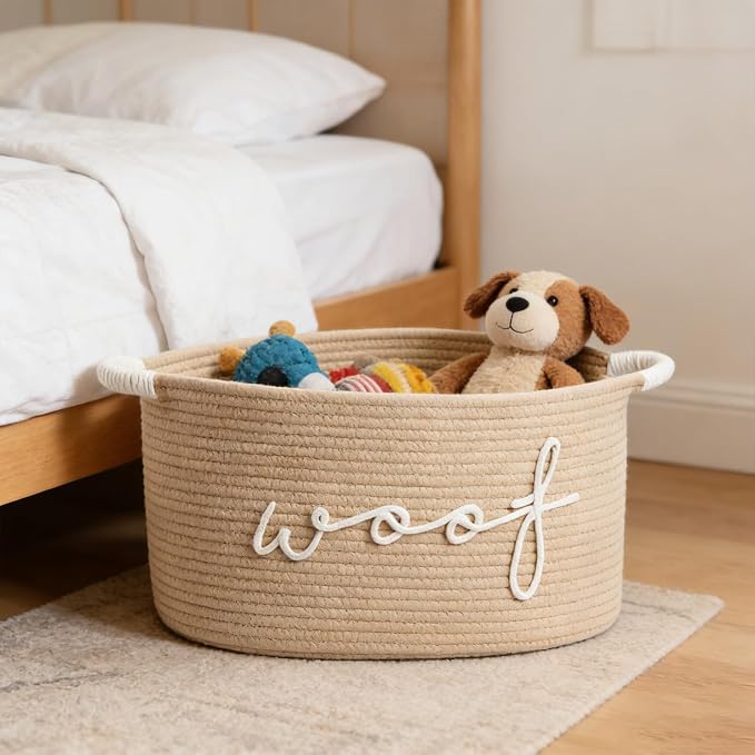Hand Woven Cotton Rope Dog Toy Storage Basket Featuring Animal Patterns and Strong Handles for Pets