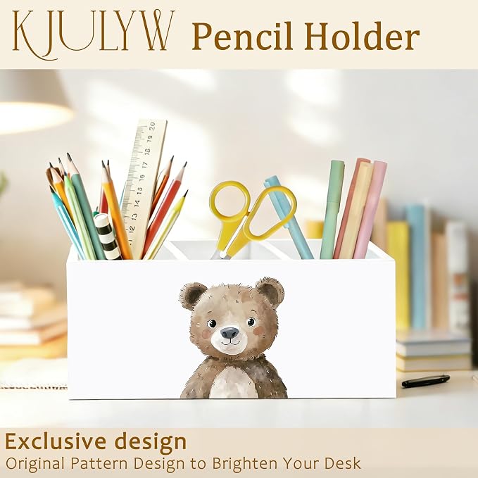 Pencil Holder for Desk Kids, Bear Lover Gifts, Cute Forest Animal Wooden Box Pencil Pen Holder Organizer for Kids Room Home Office Desk Accessories
